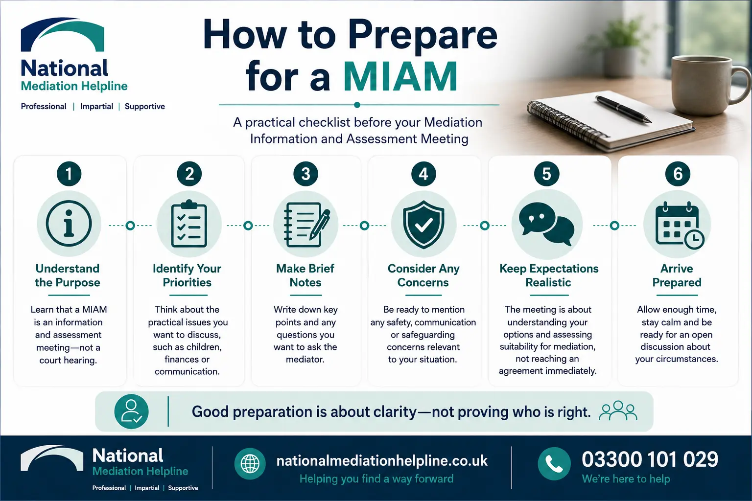 How to prepare for a miam in Southampton How to prepare for a miam infographics , explaining How to prepare for a miam in Southampton:  Understand how to prepare for a miam in 6 Steps